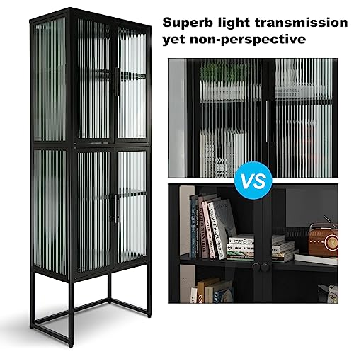 Ikayaa Tall Fluted Glass Storage Cabinet With 4 Doors And 4-Tier Adjustable Shelves Metal Display Cabinet Freestanding Cupboard Bookcase For Kitchen Living Dining Room Office Entryway Black #TOP5