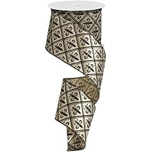 2.5" X 10 Yards Gold Lame Harlequin Fleur De Lis Wired Ribbon Black & Gold RG1927EC