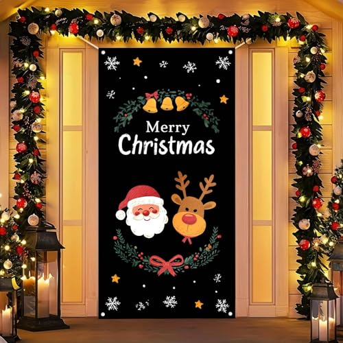 Image of BlissYard Christmas Door Cover Santa Reindeer Black 35x71 Inch Polyester