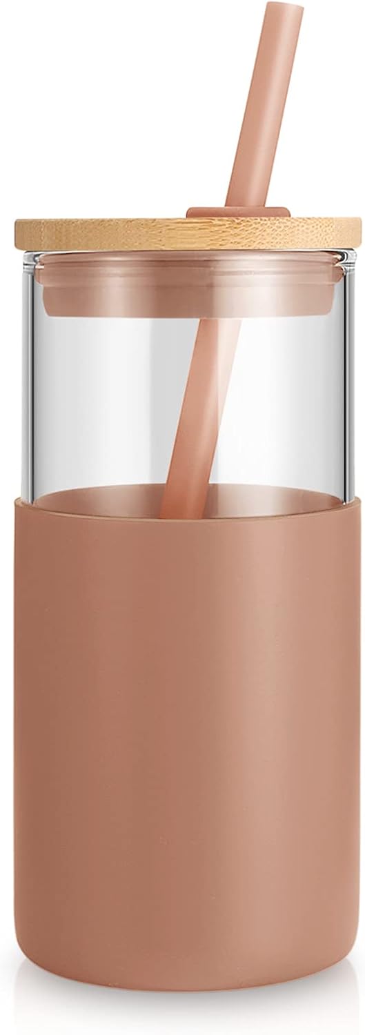  | tronco 16oz Glass Tumbler Straw Silicone Protective Sleeve Bamboo Lid - BPA Free: Tumblers & Water Glasses