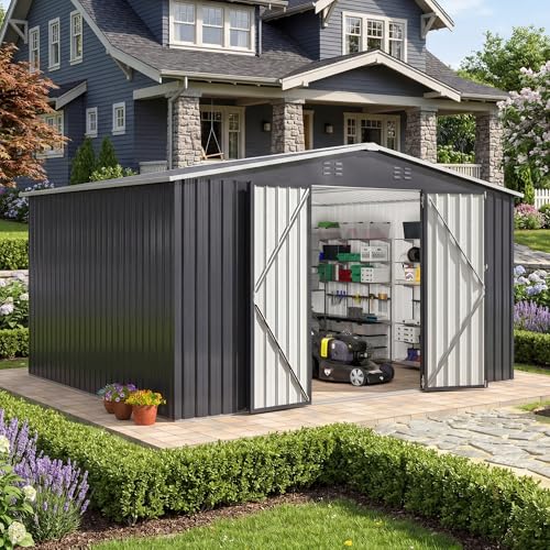 Image of AirWire 10x12 FT Outdoor Storage Shed, Metal Garden Shed with Updated Frame Structure and Lockable Doors, Heavy Duty Weatherproof Tool Sheds for Backyard Garden Patio Lawn, Black
