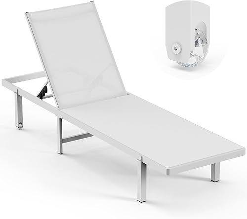 Miniatura 18 de Sillones de piscina, tumbona al aire libre con ruedas y sillón reclinable de 5 posiciones, fácil de mover, silla de aluminio para patio, junto a