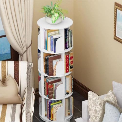 HOLMZCED 360 Display Floor Standing Bookcase, 4 Tiers Rotating Bookshelf Free Standing Book Storage Rack Multi Functional Bookshelf Organizer White for Home Living Room Study Bedroom