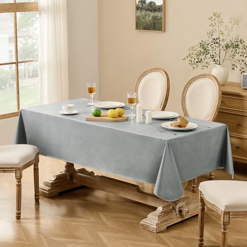 Image of Softalker Vinyl Tablecloth Rectangle, Outdoor 100% WaterProof Oil Proof Plastic Edge Binding Table Cloth, Heavy Duty Thick Wipeable PVC Table Covers for Picnic Dining Party - 54 x 120 Inch, Light Grey