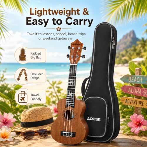 Image of AODSK Soprano Ukulele for Beginner 21 Inch Ukelele Kit with Gig Bag StrapTuner Nylon String 4 Picks Cloth Online Lesson Holiday Gift