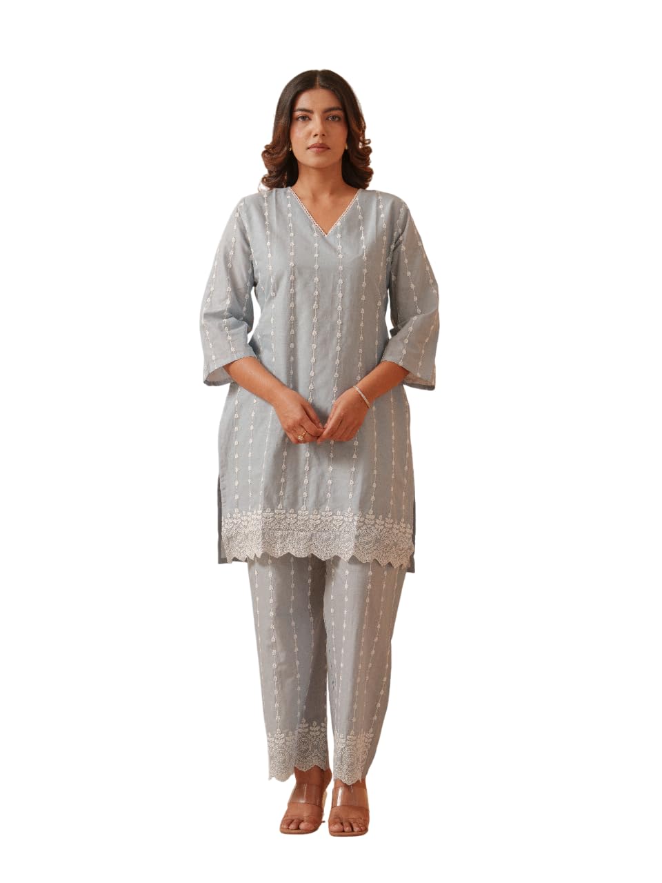 Women’s Chikankari Co-Ord Set | Straight-Cut Top with V-Neck and 3/4th Sleeves | Coordinated Bottoms with Vertical Threadwork Detailing | Ethnic and Casual Wear Outfit-image-32