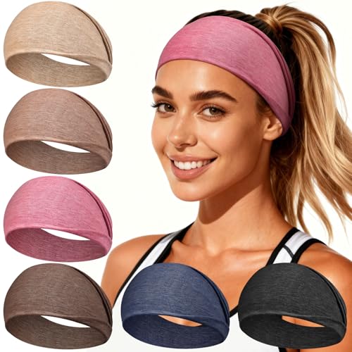 Loiluliy Workout Headbands for Women & Men, 6 Pack Non-Slip Wide Sweatbands - Thick Soft Elastic Hair Bands Accessories for Gym, Yoga, Running and Everyday Fashion
