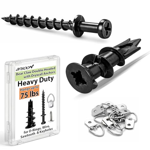 Image of 30pcs Self-Drilling Black Drywall Anchor and Double-Headed Screws Kit - 15 Metal Wall Anchors ,15 Bear Claw Wall Picture Screws for D-Rings, 4-in-1 Hanging Hooks for Sawtooth, Wire, Keyholes
