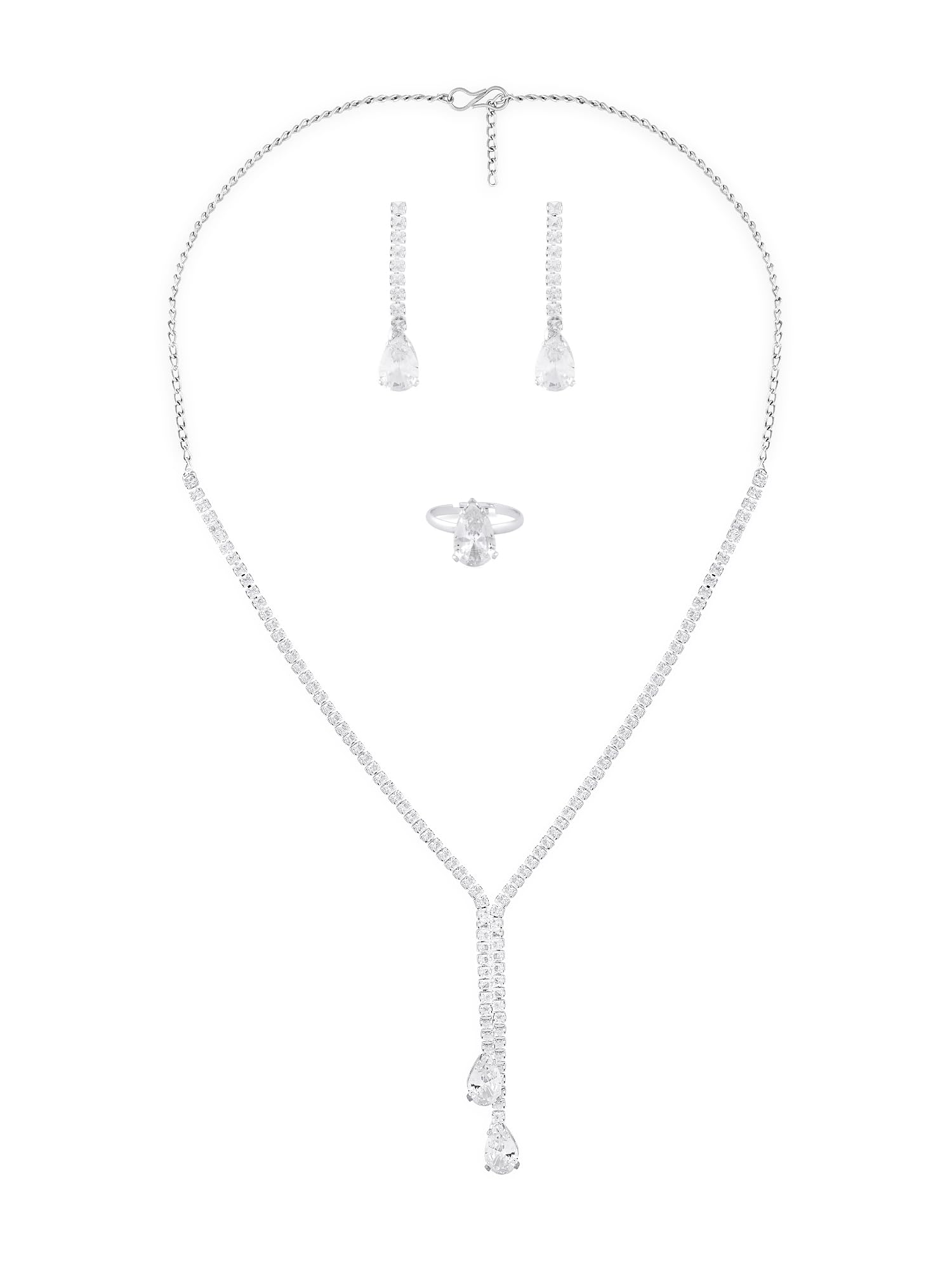 ZAVERI PEARLS Silver Tone Cubic Zirconia Designer Brass Party Lariat Contemparory Necklace Earring & Ring Set For Women-ZPFK16718 (B0CL2D3H74) Amazon Price History, Amazon Price Tracker