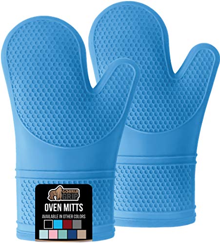 Gorilla Grip Premium Silicone Slip Resistant Oven Mitt Set, Soft Flexible Oven Gloves, Heat Resistant Kitchen Cooking Mitts, Protect Hands from Hot Surfaces, Cookie Sheets, Aqua Pair, Set of 2