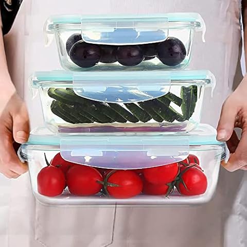 Luvan Glass Containers with Lids, 3-Pack Kitchen Storage Containers with BPA-Free & Locking Plastic Lids, Freezer to Oven Safe Food Storage Box for Sandwich Soup Vegetable Cereal Cover