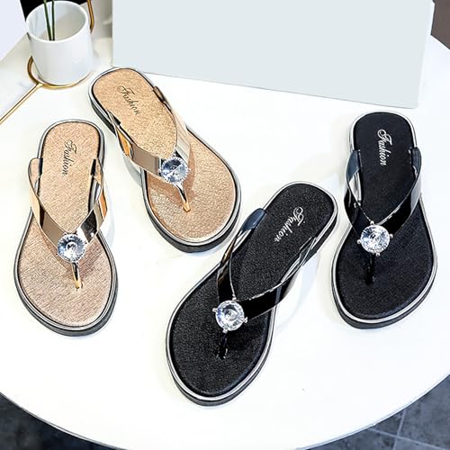 Sandwiched Herringbone Women's Slippers with Rhinestone Beach Shoes Flat Furry House Slippers for Women Closed Toe 5