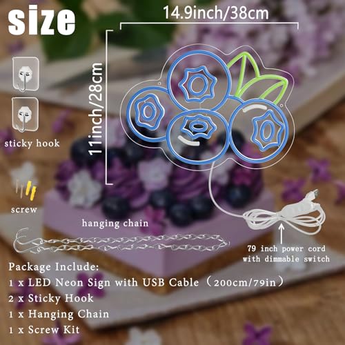 Image of Blueberry Neon Sign for Wall Decor, Dimmable Fruit Blueberry Neon Lights, Vibrant Fruit Themed Neon LED Signs for Kids Room, Bedroom, Restaurant, Bar, Club, Fruit Shop, Birthday Party