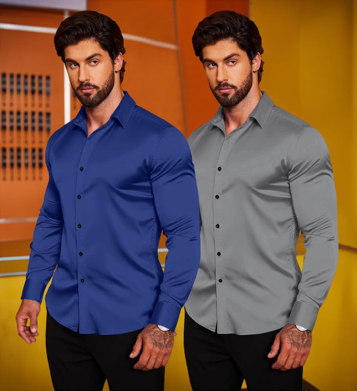 Image of Combo of Men's Premium Satin Cotton Shirt with Full Sleeves & Spread Collar | Smooth Finish | Slim Fit | Stylish Button Down Shirt for Evening, Casual Pack of 2