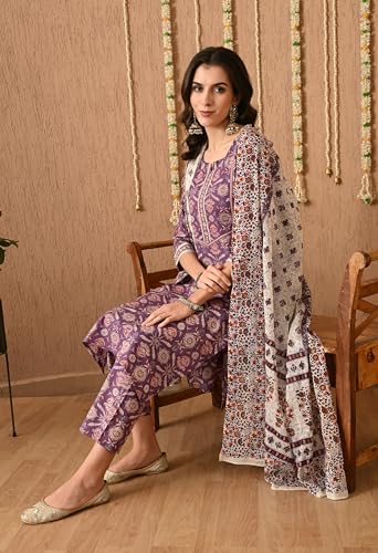 Image of Amazon Brand - Tavasya Women Cotton Anarkali Kurta Pant Dupatta Set | Printed Ethnic Suit Set | Flared Anarkali Kurta with Pant & Dupatta | Festive & Casual Wear