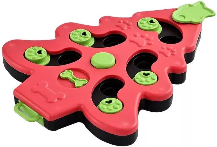 Pet Puzzle Feeder Toy – Interactive Slow Feeder Toy with Non-Slip Base, Mental Enrichment Game for Indoor Fun, Xmas-Themed Treat Dispenser (Red)