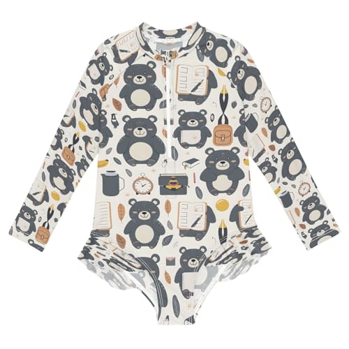 Bears Whriting Girls Long Sleeve Swimsuits One Piece Zipper Bathing Suit UPF 50+ Rashguard Swimwear