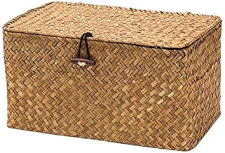 WOOD MEETS COLOR Wicker Storage Baskets with Lids, Seagrass Baskets with Lids Seagrass Storage Basket for Book Collection Natural Baskets Rattan Woven Basket for Living Room Bathroom(24×14×13CM)