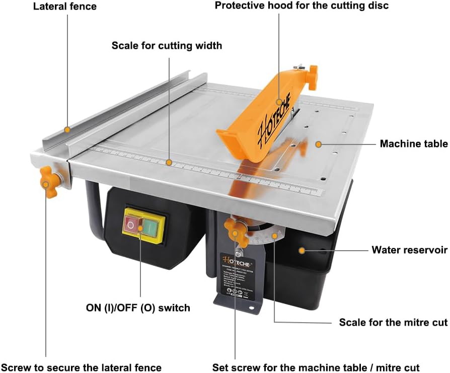 Hoteche 600W Tile Cutter from an elevated angle, showing the machine table, blade guard, and water reservoir.