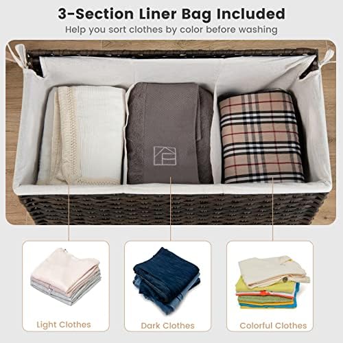 COSTWAY 110L Collapsible Laundry Hamper, Synthetic Rattan Handwoven Laundry Basket with Lid & Removable Liner Bag, Divided Dirty Clothes Storage Sorter Washing Bin Organiser (3-Section without Wheels)