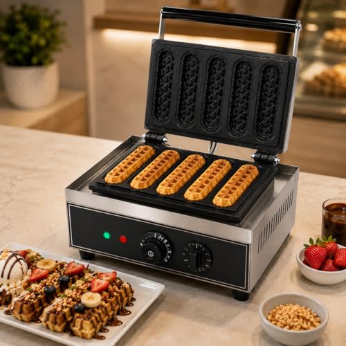 Image of 5 Stick Waffle Maker Machine, Commercial Electric Waffle Stick Maker, Professional Belgian Waffle Machine for Cafe Bakery
