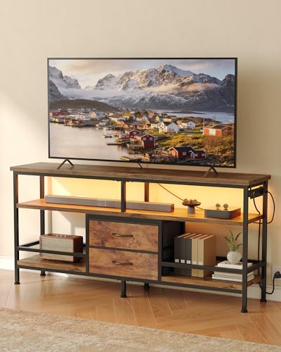 Image of Lazzanto 55 Inch TV Stand, Entertainment Center for 43 to 65 Inch TVs with LED Lights & Removable Charging Station, Modern Media Console Table with Open Storage Shelves & Fabric Drawers, Rustic Brown