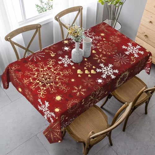 Christmas Red Tablecloth Rectangle 60 x 120 Inch Winter Snowflake Table Cloth Polyester Fabric Xmas White Gold Snowflake Table Cover for Kitchen Party Picnic Outdoor Decor