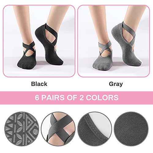 Luckit 6 Pairs Pilates Socks for Women, Non-Slip Yoga Socks with Grips & Straps for Barre, Ballet, Dance, Hospital, Barefoot2