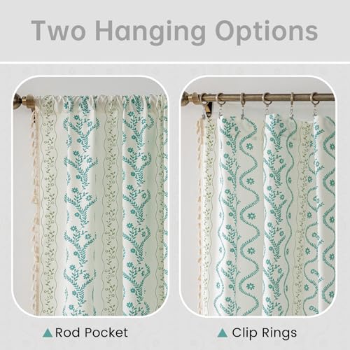 Image of Boho Curtains 96 Inch Long for Living Room, Bedroom,Sky Blue on White 2 Panels Floral Farmhouse Vintage Tassel Semi Sheer Light Filtering Privacy Window Curtain Drapes with Rod Pocket