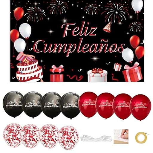 IM ® Pancarta Grande Feliz Cumpleaños en Español medidas 110x180cm de Poliester +12 Globos | Decoración para fiesta de cumpleaños | Cartel Feliz cumpleaños | Photocall (NEGRO-ROJO) | Ya disponible en tu tienda friki favorita! En mundofriki.es!