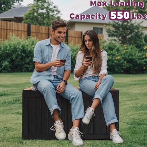 ROJIK Outdoor Storage Housing Deck Box - Waterproof Patio Furniture, Garden Tools, Cushions, Pool Accessories Storage Bench with Lockable Lid and Side Handles (Black 80 Gal) - Thumbnail 5