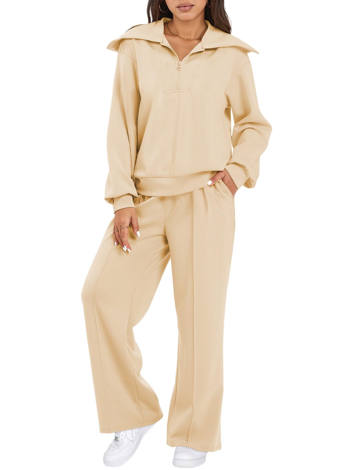 Aleumdr Two Piece Outfits Half Zip Sweatshirt Sweatsuit Lounge Sets for Women Matching Set Wide Leg Sweatpant Tracksuit