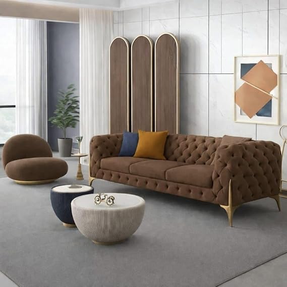 Image of A to Z Furniture Modern Classic Fabric & Valvet Tufted Chesterfield Sofa Living Room and Office (3+1= 4 Seater Sofa Set with Footrest Brown)