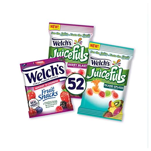 Welch's Fruit Snacks Combo Variety Pack, Juicefuls Berry Blast & Island Splash Juicy Fruit Gushers and Berries n' Cherries Fruit Snacks, Individual Single Serve 0.8 and 1 oz Bags (Pack of 52)