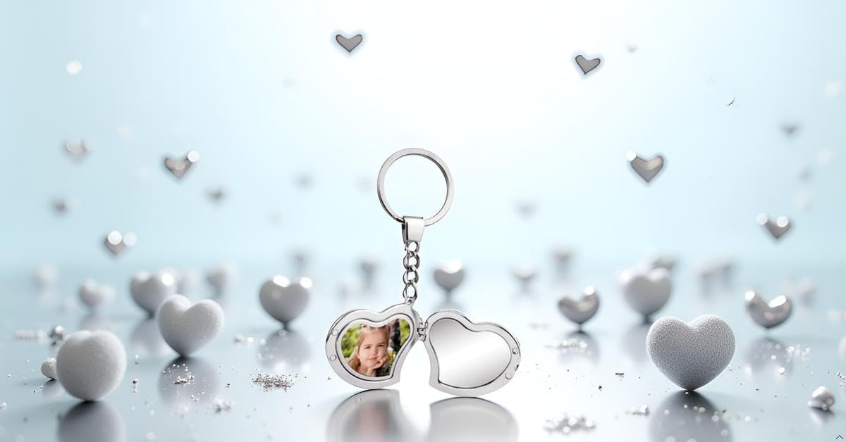 Herz Schlüsselanhänger mit Fotorahmen & Spiegel – Silber Plattiert & Versilbert – 10,5x4,5 cm Premium Geschenkidee