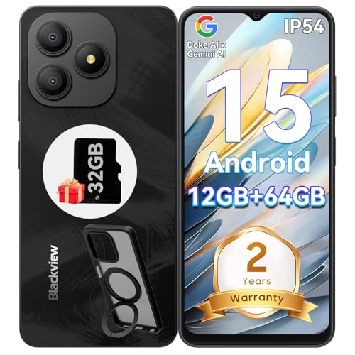 Blackview Wave 9C Téléphone débloqué Android 15, téléphone portable 6,6", smartphone, téléphone portable, 12 Go + 64 Go, 5000 mAh, empreintes digitales/identification faciale, noir