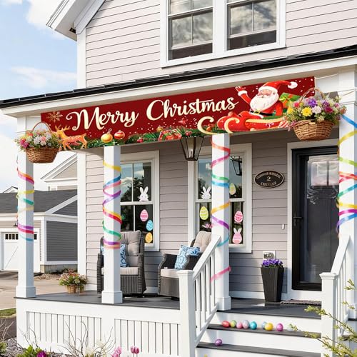 Image of Christmas Sleigh Outdoor Banner 78.7 x 17.7 Inch Santa with Gifts and Reindeer on Red Background Festive Holiday Decoration for Yard Garden Fence Porch or Patio Display