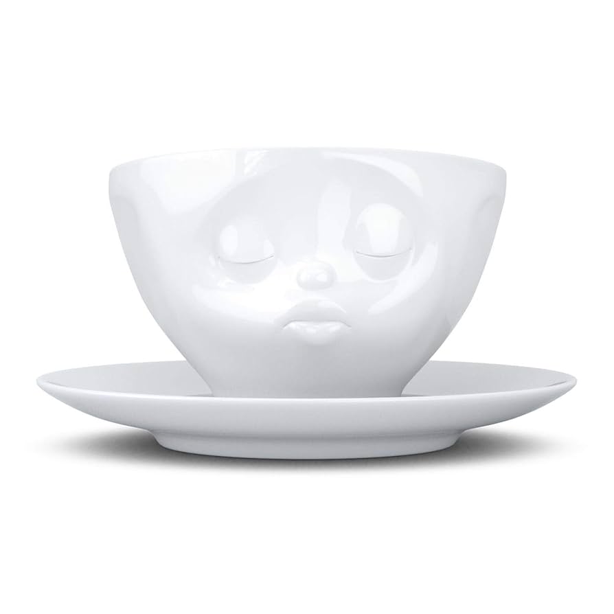 FIFTYEIGHT PRODUCTS TASSEN Porcelain Coffee Cup with Saucer, Kissing Face Edition, 6.5 oz. White (Single Cup & Saucer)