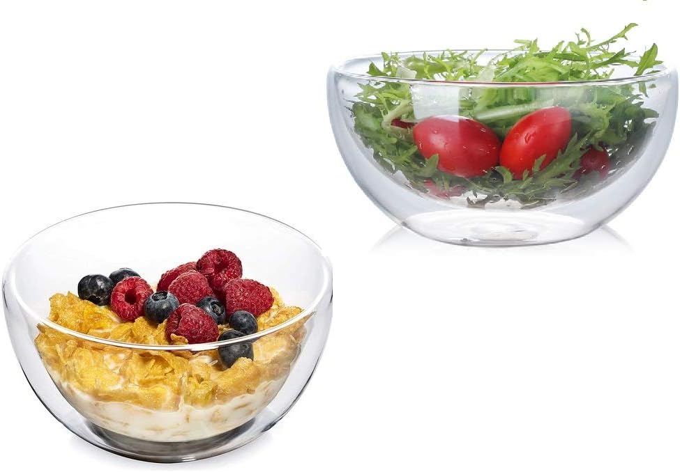 Lushh Cereal Breakfast Ice Cream Pasta Soup Salad Bowl, Insulating Double-Walled Glass Keeps Food Hot & Cold and Safe-To-Touch,2Pcs Set 500 ML