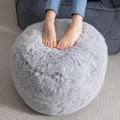 HIGOGOGO Round Stuffed Pouf Ottoman, Long Faux Fur Poufs with Foam Chunk Filling, Fluffy and Furry Pouf Foot Stool Storage Ottoman, 20 X 15 Floor Poufs Foot Rest for Living Room, Grey Cover
