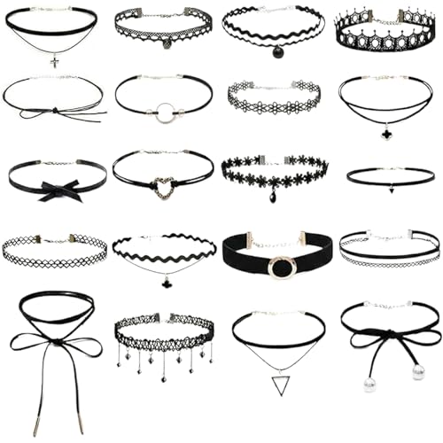 RPHONGHONG Lot de 20 colliers ras-du-cou en dentelle et velours noir pour femme - Collier ras du cou réglable classique gothique en dentelle pour femme
