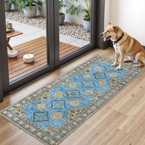 Tritard 100% Non Slip Kitchen Rugs Sets of 3 Washable Boho Kitchen Mats for Floor Vintage Farmhouse Kitchen Rug Soft Runner Rug for Hallway, Laundry Room, Indoor Entryway, Light Blue by Tritard - Used condition - Image 8