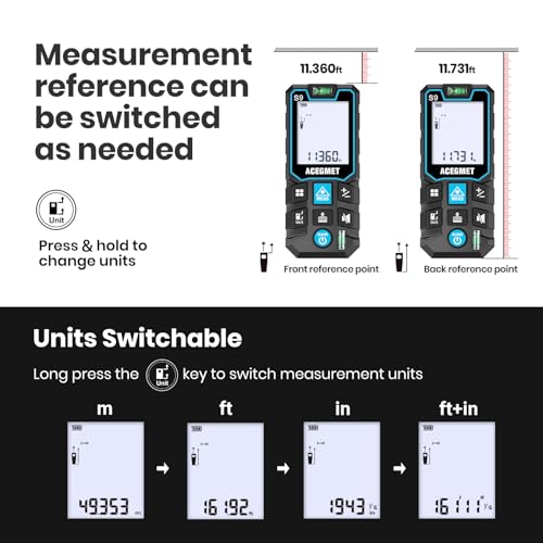 ACEGMET Laser Measure, 393ft/120m Laser Measurement Tool, Laser Measuring Tool with 2 Bubble Levels, LCD Backlit Display, IP54 Waterproof, Pythagorean Mode for Distance, Area, Volume