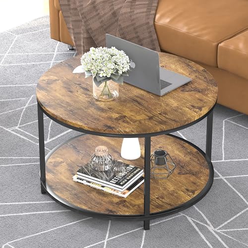 Image of NSdirect Round Coffee Table, 25.6 inch Small Coffee Table for Living Room,2-Tier Rustic Wood Desktop with Storage Shelf Modern Design Home Furniture(Brown)