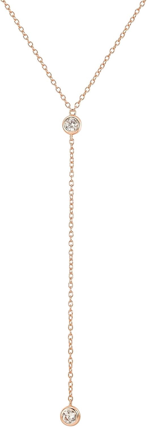 Faire de la Mode Dainty Drop Lariat Necklace for Women, 16" to 18" Adjustable Length Double CZ Lariat Y Necklace