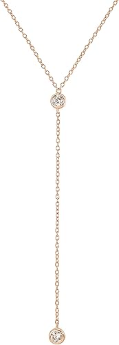 Vista 8 de Faire de la Mode 14k Gold Plated Sterling Silver Lariat Necklace with 2 Cubic Zirconia in a 3.25" Dainty Drop Pendant, 16" - 19" Gold Plated