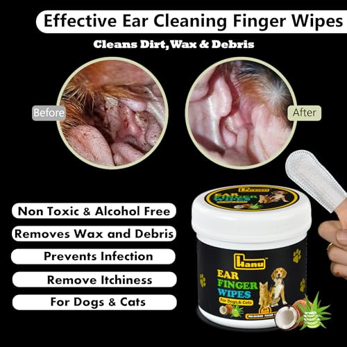 Image of Hanu Ear Finger Wipes for Dogs & Cats Gently Remove Dirt, Wax & Debris - Relieve Ear Itching & Discomfort, Sooths & Deodorizes - All Natural Ingredients - Vet Recommended - 50 Count