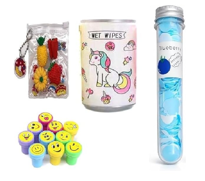 Eclet 4 Items Combo Set Wet Wipes, Paper Soap, Paper Stump & Fruit Eraser for Kids -LD-image-46