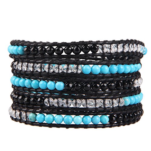 KELITCH Black Agate Gemstone 5 Wrap Bracelets Handmade Leather Crystal New Jewelry