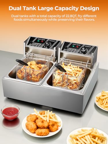 FOHERE Commercial Deep Fryer 21.6L, Heavy-Duty Dual Tank Electric Fryer with Overheat Safeguard, Professional Stainless Steel Countertop Fryer for Catering, Gatherings & Kitchens, 2x4L Baskets, 230V - Image 2